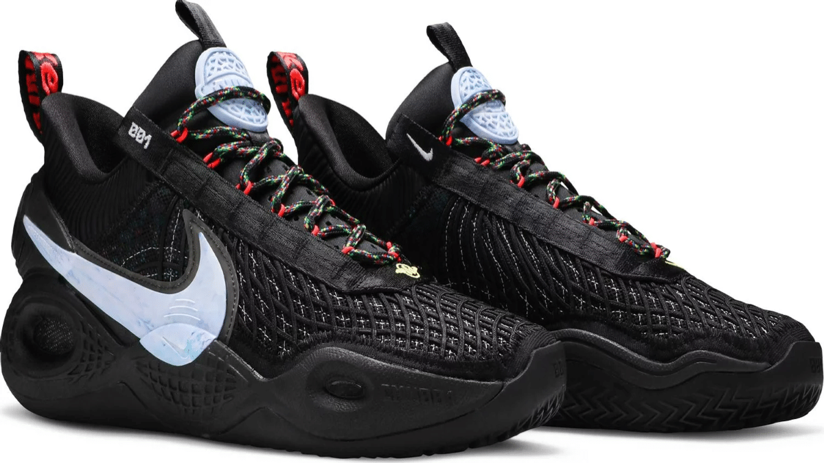 nike cosmic unity black and blue with red shoe